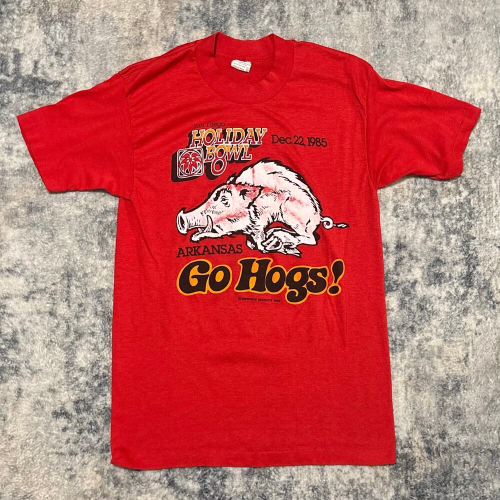 Vintage 1985 Holiday Bowl Arkansas Razorbacks T-Shirt Small Single Stitch Red